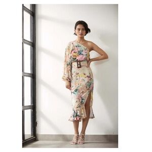HEMANT & NANDITA Floral Chiffon One Shoulder Cocktail Dress